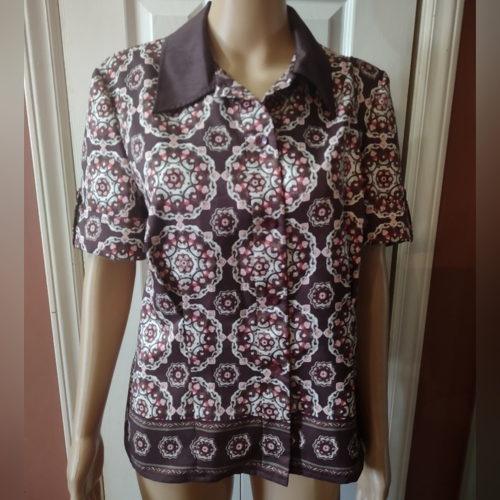 SAG HARBOR Womens Size 10 Abstract Print Cotton Button Front Shirt Blouse Top